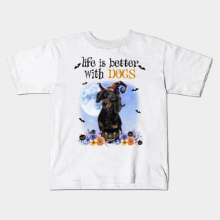 Dachshund Witch Hat Life Is Better With Dogs Halloween Kids T-Shirt